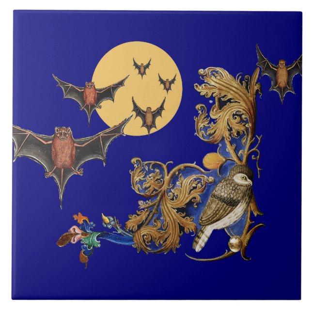 WEIRD MEDIEVAL BESTIARY,BLUE BIRD,BATS IN NIGHT  TILE (Front)