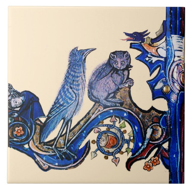 WEIRD MEDIEVAL BESTIARY BLUE CAT AND CUCKOO BIRD TILE (Front)