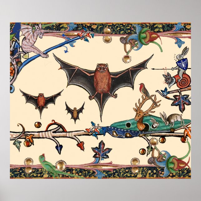 WEIRD MEDIEVAL BESTIARY,FLYING BATS FOREST ANIMALS POSTER (Front)
