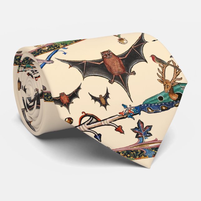 WEIRD MEDIEVAL BESTIARY,FLYING BATS FOREST ANIMALS TIE (Rolled)