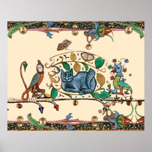 WEIRD MEDIEVAL BESTIARY HUNTER CAT,BIRD, FALCON POSTER