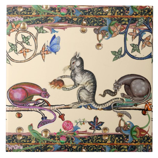 WEIRD MEDIEVAL BESTIARY,HUNTER CATS AND MOUSE CERA TILE (Front)
