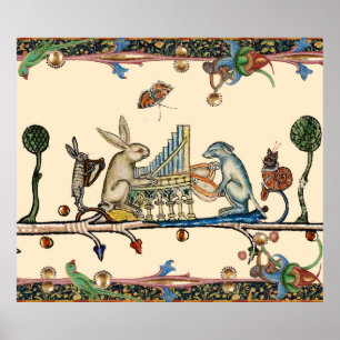 WEIRD MEDIEVAL BESTIARY MAKING MUSIC,Rabbit, Dog Poster