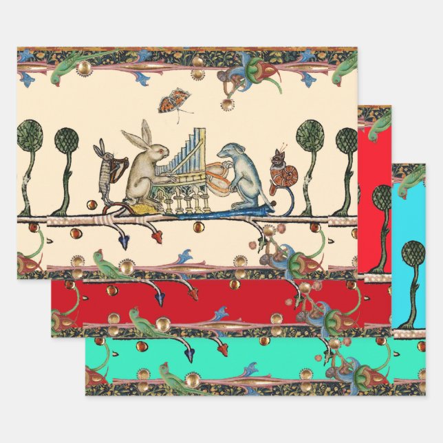 WEIRD MEDIEVAL BESTIARY MAKING MUSIC,Rabbit, Dog Wrapping Paper Sheet (Set)