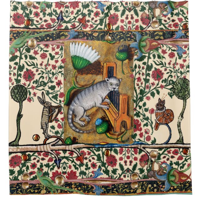 WEIRD MEDIEVAL BESTIARY MUSIC,CAT PLAYING ORGAN  SHOWER CURTAIN (Front)