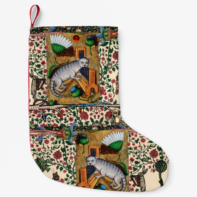 WEIRD MEDIEVAL BESTIARY, MUSIC,CAT PLAYING ORGAN SMALL CHRISTMAS STOCKING (Front)