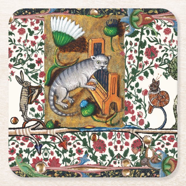 WEIRD MEDIEVAL BESTIARY MUSIC,CAT PLAYING ORGAN  SQUARE PAPER COASTER (Front)