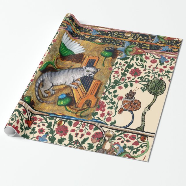 WEIRD MEDIEVAL BESTIARY MUSIC,CAT PLAYING ORGAN  WRAPPING PAPER (Unrolled)