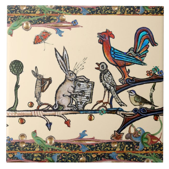 WEIRD MEDIEVAL BESTIARY,MUSIC MAKING RABBITS,BIRDS TILE (Front)
