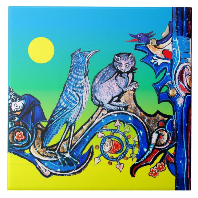 WEIRD MEDIEVAL BESTIARY NIGHT BLUE CAT,CUCKOO BIRD TILE (Front)