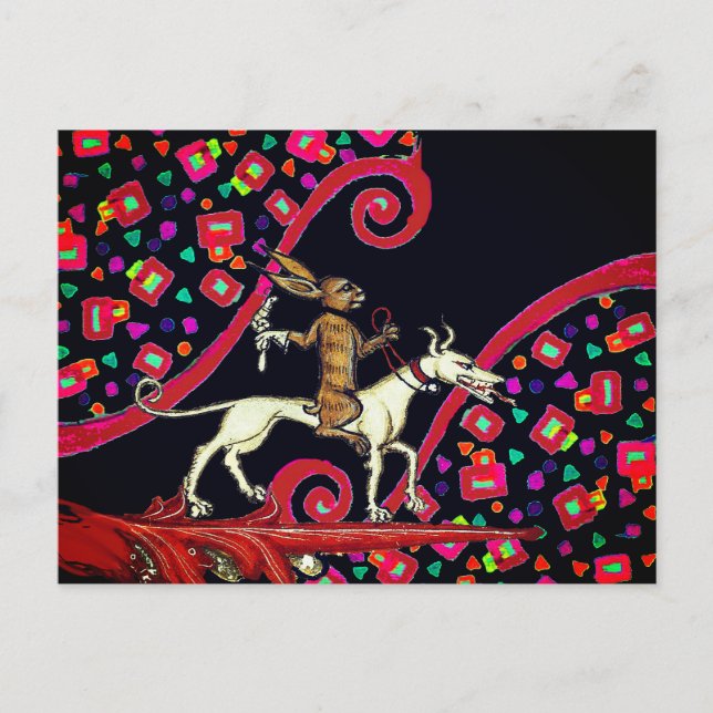 WEIRD MEDIEVAL BESTIARY Rabbit Riding a White Dog  Holiday Postcard (Front)