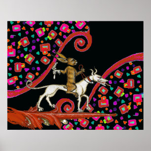 WEIRD MEDIEVAL BESTIARY Rabbit Riding a White Dog Poster