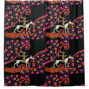 WEIRD MEDIEVAL BESTIARY Rabbit Riding a White Dog Shower Curtain