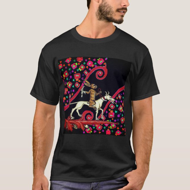 WEIRD MEDIEVAL BESTIARY Rabbit Riding a White Dog  T-Shirt (Front)
