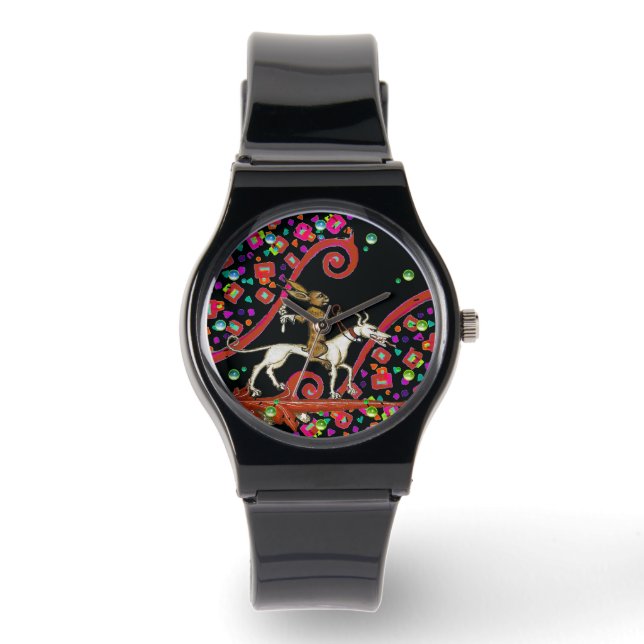 WEIRD MEDIEVAL BESTIARY Rabbit Riding a White Dog Watch (Front)