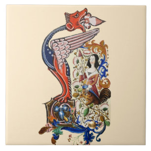 WEIRD MEDIEVAL BESTIARY SPINNING LADY WITH DRAGON  TILE