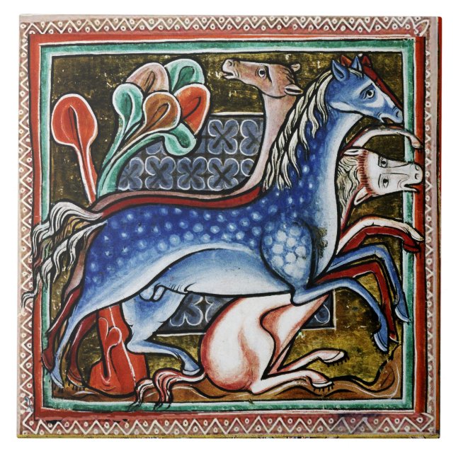 WEIRD MEDIEVAL BESTIARY, THREE HORSES IN WOODLAND TILE (Front)