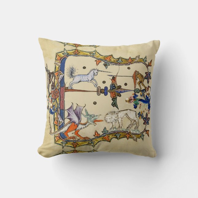 WEIRD MEDIEVAL BESTIARY ,UNICORN FIGHTING MONKEY CUSHION (Front)