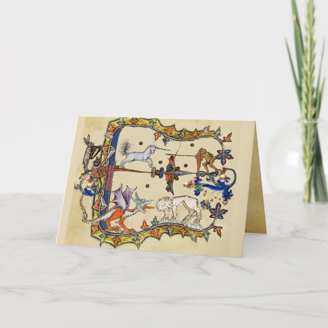 WEIRD MEDIEVAL BESTIARY ,UNICORN FIGHTING MONKEY HOLIDAY CARD (Front)