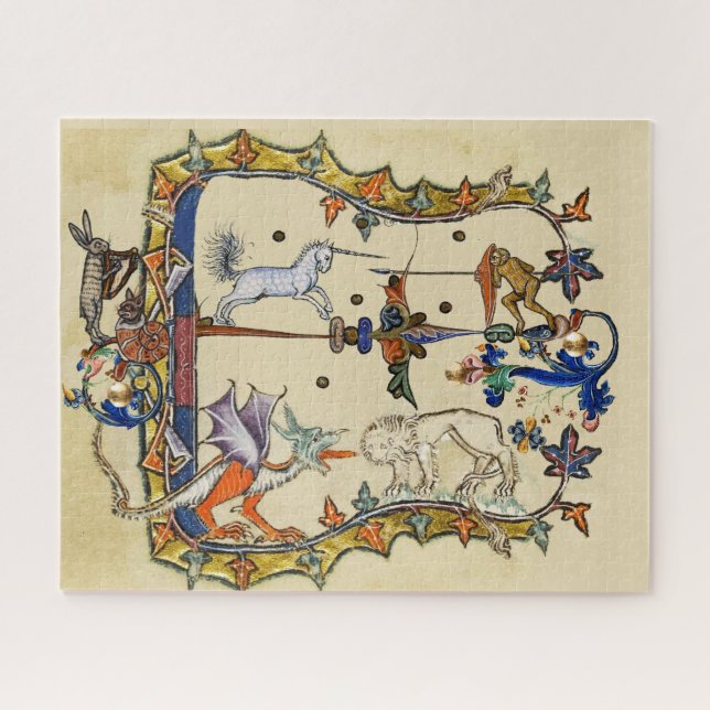 WEIRD MEDIEVAL BESTIARY ,UNICORN FIGHTING MONKEY JIGSAW PUZZLE (Horizontal)