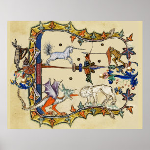WEIRD MEDIEVAL BESTIARY ,UNICORN FIGHTING MONKEY POSTER