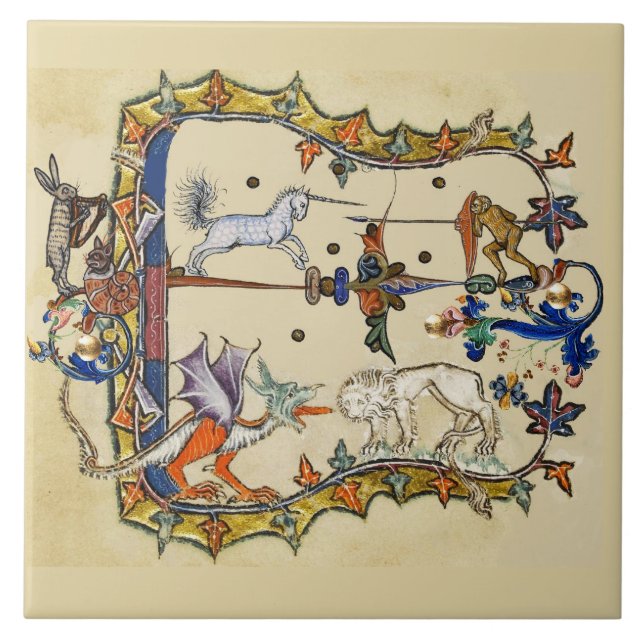 WEIRD MEDIEVAL BESTIARY ,UNICORN FIGHTING MONKEY  TILE (Front)