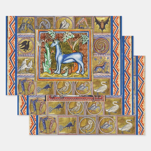 WEIRD MEDIEVAL BESTIARY,UNICORN,GRYPHON,WILD BOAR  WRAPPING PAPER SHEET (Set)