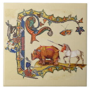 WEIRD MEDIEVAL BESTIARY Unicorn ,Rhino And Rabbit  Tile