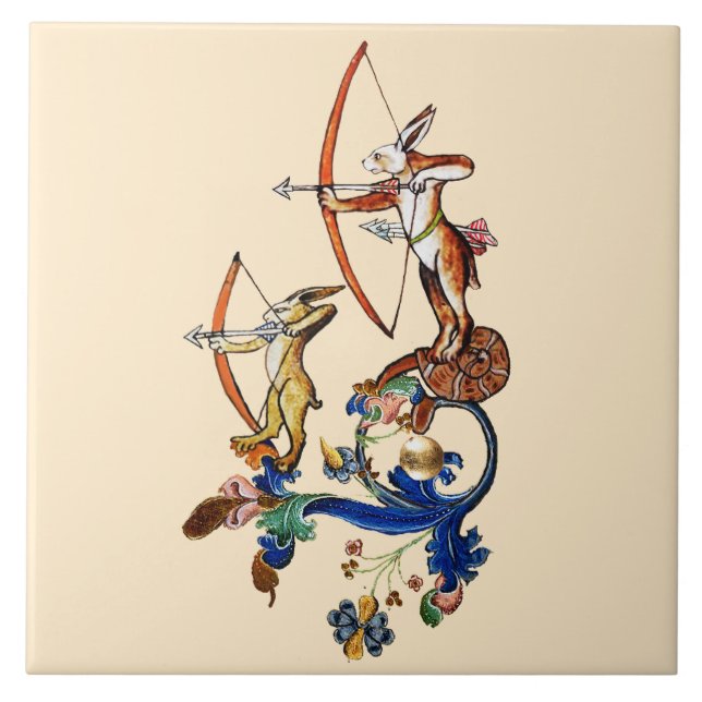 WEIRD MEDIEVAL BESTIARY WAR,ARCHER RABBITS TILE (Front)