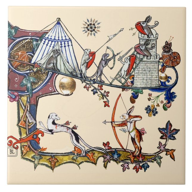 WEIRD MEDIEVAL BESTIARY WAR Dogs and Killer Rabbit Tile (Front)