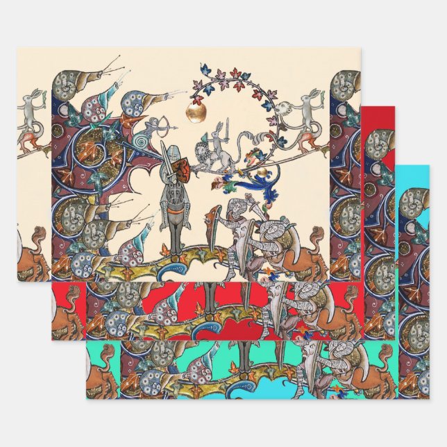 WEIRD MEDIEVAL BESTIARY WAR, KNIGHTS,GIANT SNAILS  WRAPPING PAPER SHEET (Set)