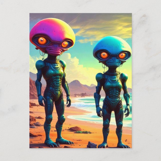 Weird Metallic Robotic Space Aliens Postcard (Front)