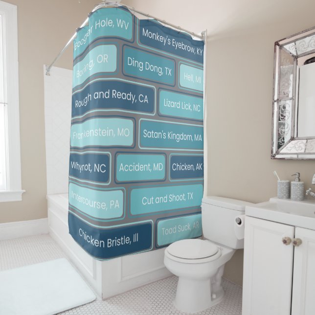 Weird Places Blue Geometric Pattern  Shower Curtain (In Situ)
