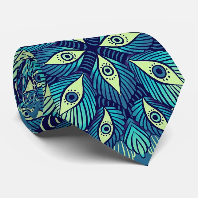 Weird Psychedelic Eyes Blue Floral Tie (Rolled)