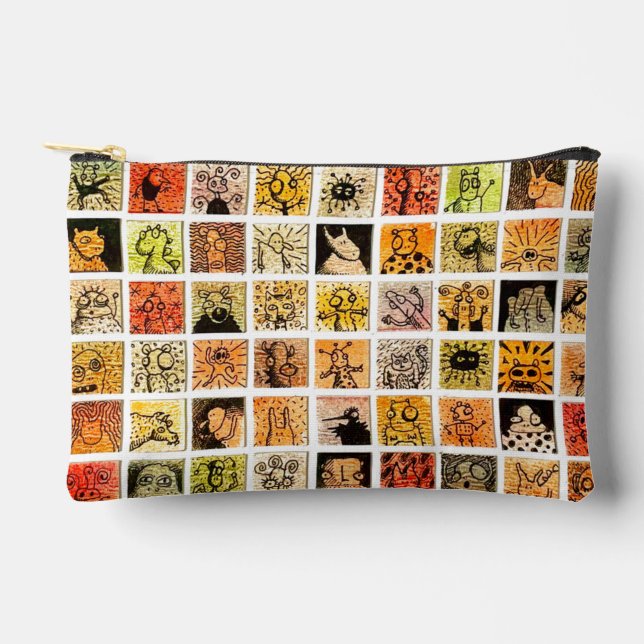 Weird Strange Cartoon Faces Color Squares Accessory Pouch (Front)