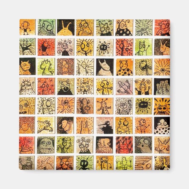 Weird Strange Cartoon Faces Color Squares Magnet (Front)
