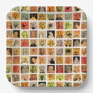 Weird Strange Cartoon Faces Color Squares Paper Plate