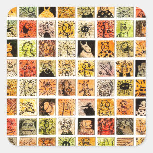 Weird Strange Cartoon Faces Color Squares Square Sticker