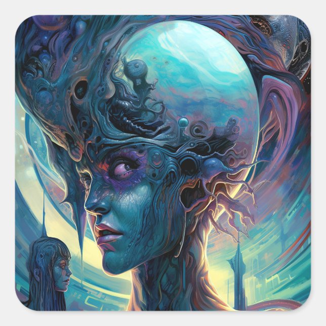Weird Surreal Alien Woman Art Square Sticker (Front)