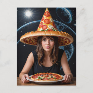 Weird Surreal Woman with a Pizza Hat Postcard