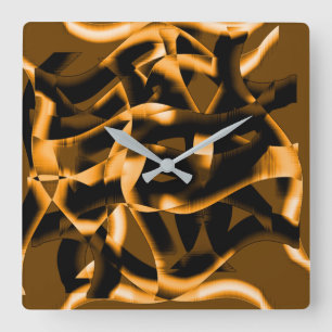 Weird tangle of burnt ribbons, black and orange square wall clock