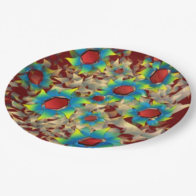 Weird virtual flowers, bluish petals on dark red paper plate (Angled)