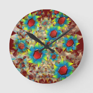 Weird virtual flowers, bluish petals on dark red round clock