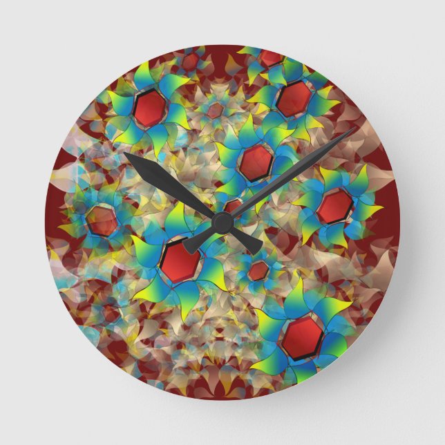 Weird virtual flowers, bluish petals on dark red round clock (Front)