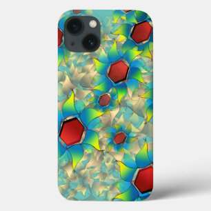 Weird virtual flowers, bluish yellow petal on teal iPhone 13 case