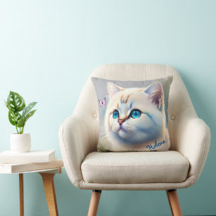 weiße Katze mit blauen Augen Wasserfarbenbild Cushion