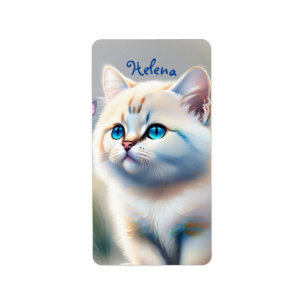 weiße Katze mit blauen Augen Wasserfarbenbild Label