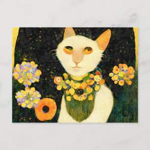 Weiße Katze mit Blumen. Jugendstil gemalt. Postcard