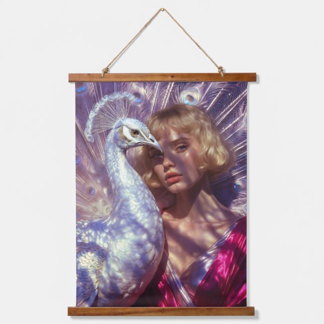 Weißer Pfau und Schönheit in rosa Eleganz Hanging Tapestry (Front)