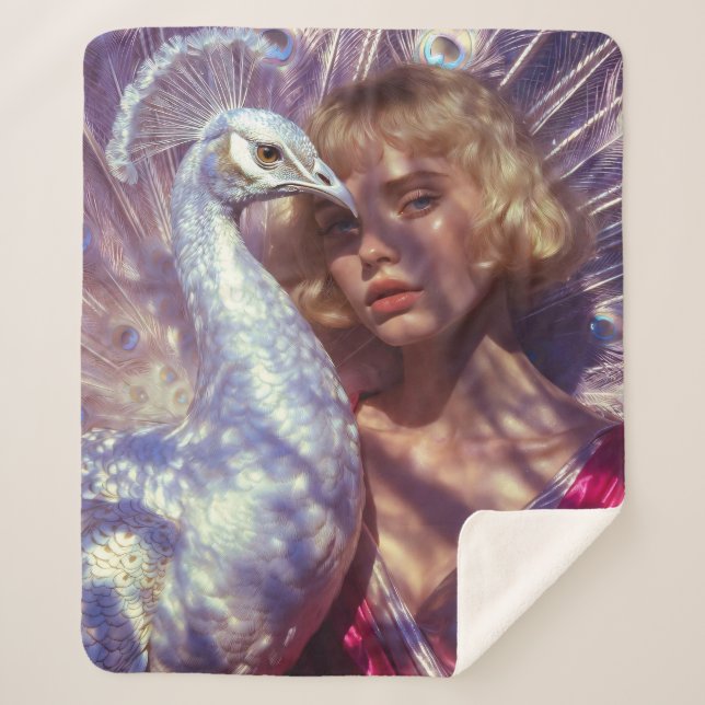 Weißer Pfau und Schönheit in rosa Eleganz Sherpa Blanket (Front)